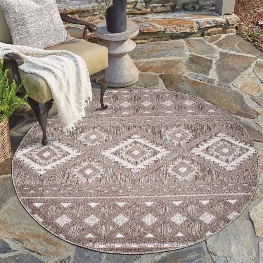 Flycarpets Caprenia Bruin Buitenkleed Rond Vloerkleed Buiten Laagpolig Tuinkleed Tuintapijt Buitentapijt 120 cm