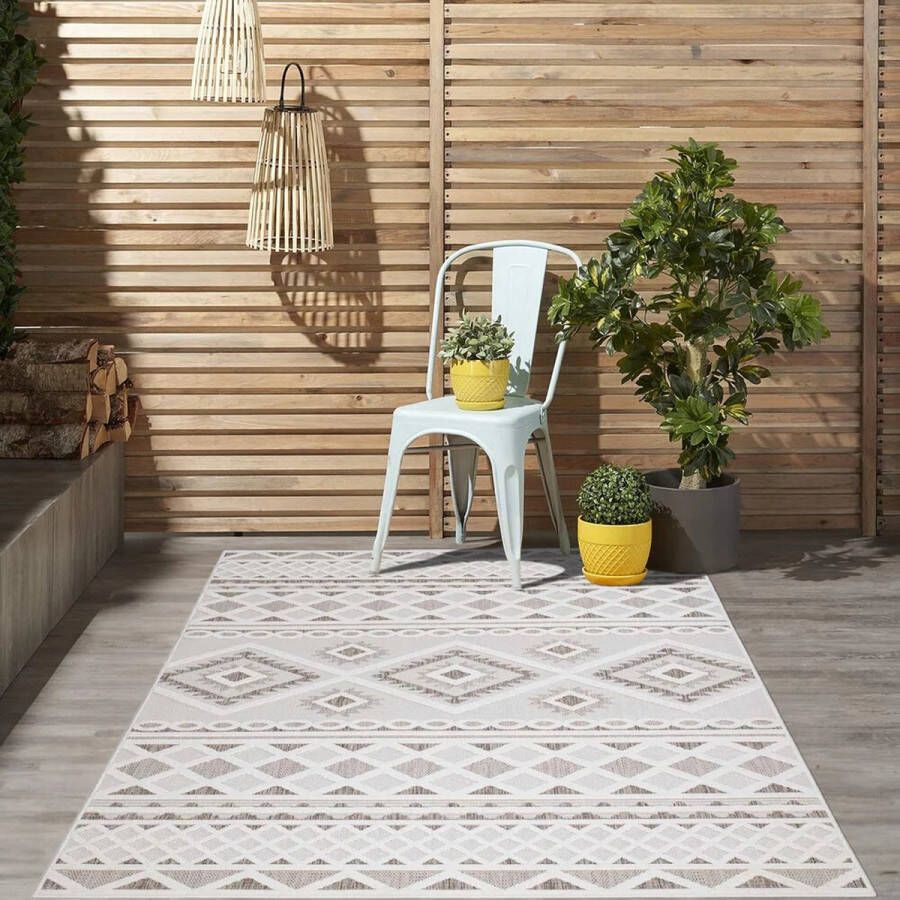 Flycarpets Caprenia Creme Buitenkleed Vierkant Vloerkleed Buiten Laagpolig Tuinkleed Tuintapijt Buitentapijt 150x150 cm