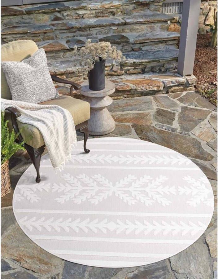 Flycarpets Caprenia Creme Buitenkleed Rond Vloerkleed Buiten Laagpolig Tuinkleed Tuintapijt Buitentapijt 160 cm