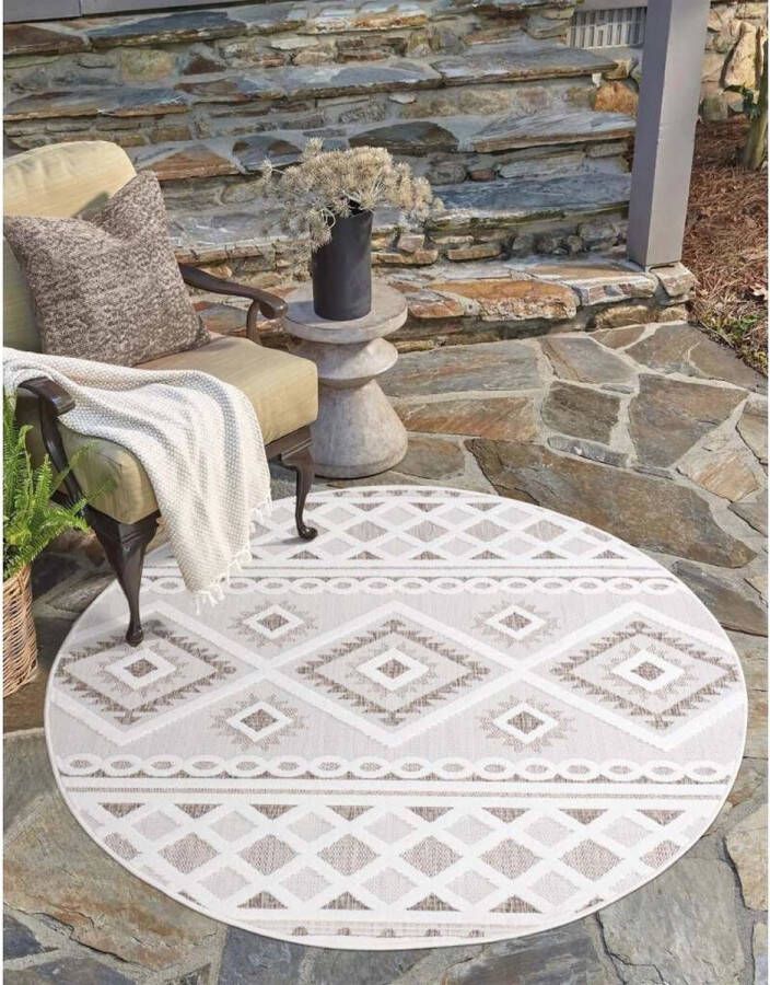 Flycarpets Caprenia Creme Buitenkleed Rond Vloerkleed Buiten Laagpolig Tuinkleed Tuintapijt Buitentapijt 160 cm