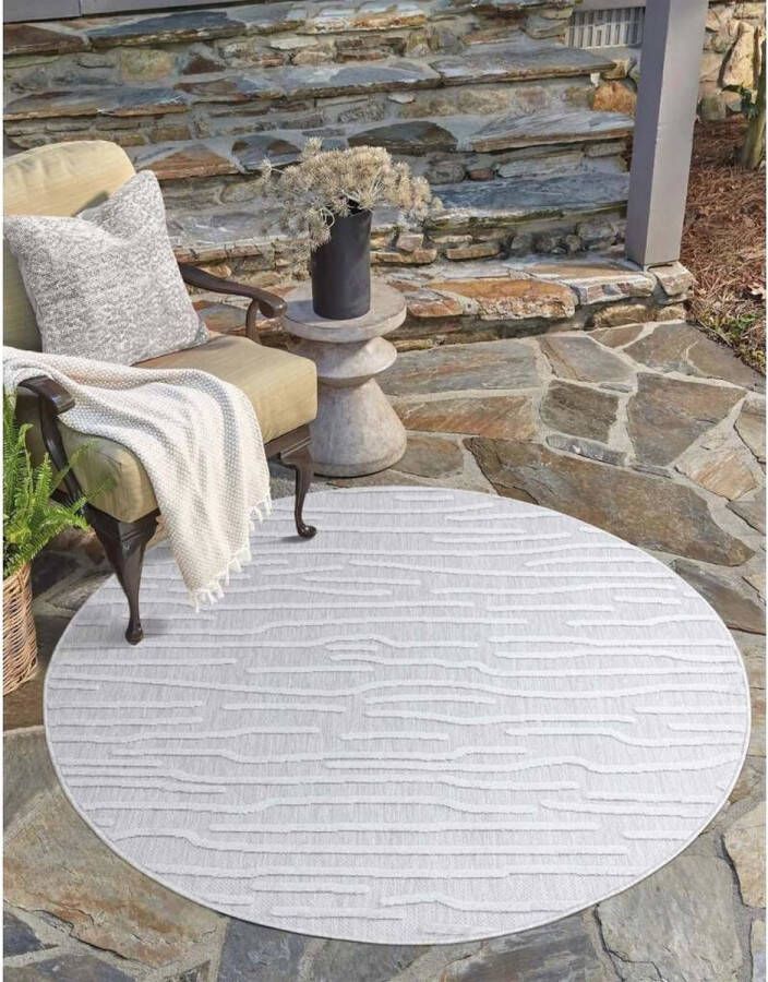 Flycarpets Caprenia Zilver Lichtgrijs Buitenkleed Rond Vloerkleed Buiten Laagpolig Tuinkleed Tuintapijt Buitentapijt 120 cm