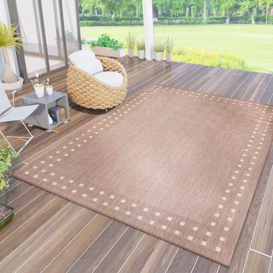 Flycarpets Buitenkleed Buitentapijt Vloerkleed Voor Binnen & Buiten Beige Kader Motief 160x220 cm