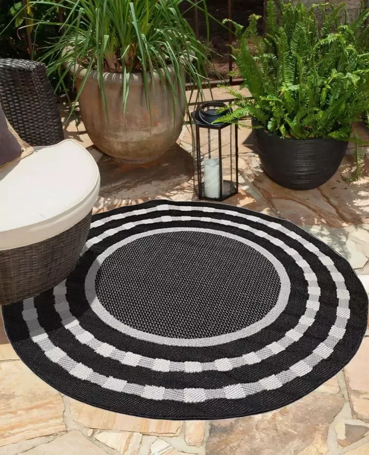 Flycarpets Buitenkleed Buitentapijt Vloerkleed Voor Binnen & Buiten Zwart Rond 160cm