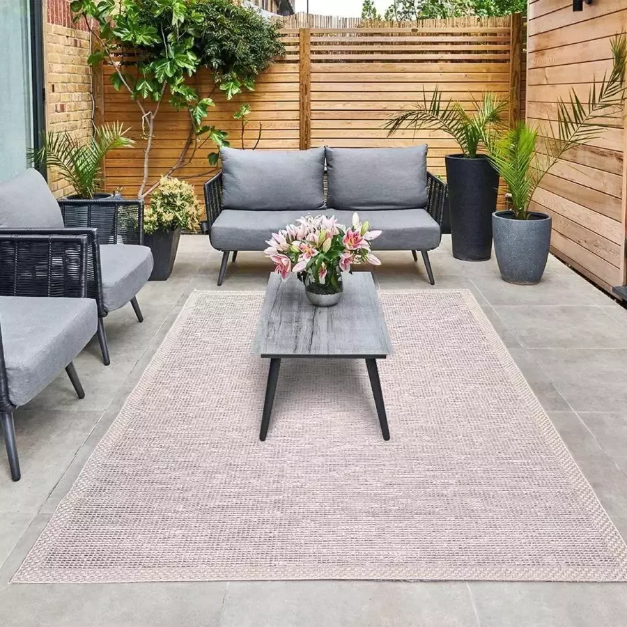 Flycarpets Cyrene Geblokt Buitenkleed Beige Vloerkleed Buiten Laagpolig Tuinkleed Tuintapijt Buitentapijt 120x160 cm