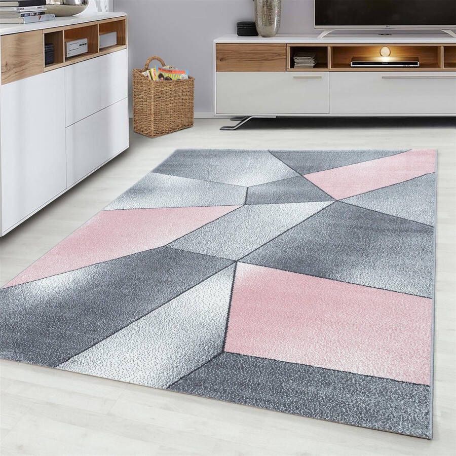 Flycarpets Fano Modern Vloerkleed Roze Grijs Laagpolig 200x290 cm