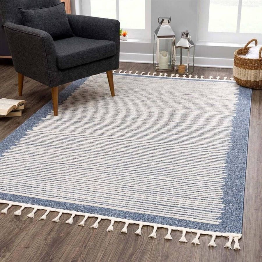 Flycarpets Felta Modern Laagpolig Kader Vloerkleed Blauw 120x170 cm