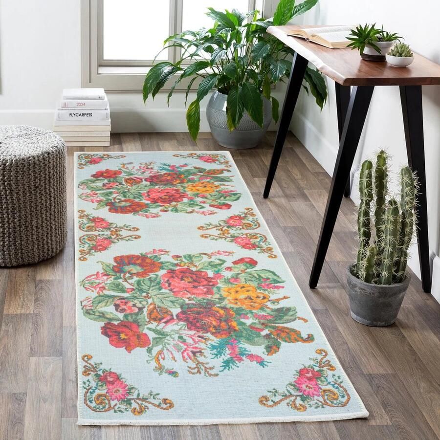 Flycarpets Adrasos Vintage Vloerkleed Wit Kleurrijk Gebloemd Kelim Laagpolig 80x300 cm