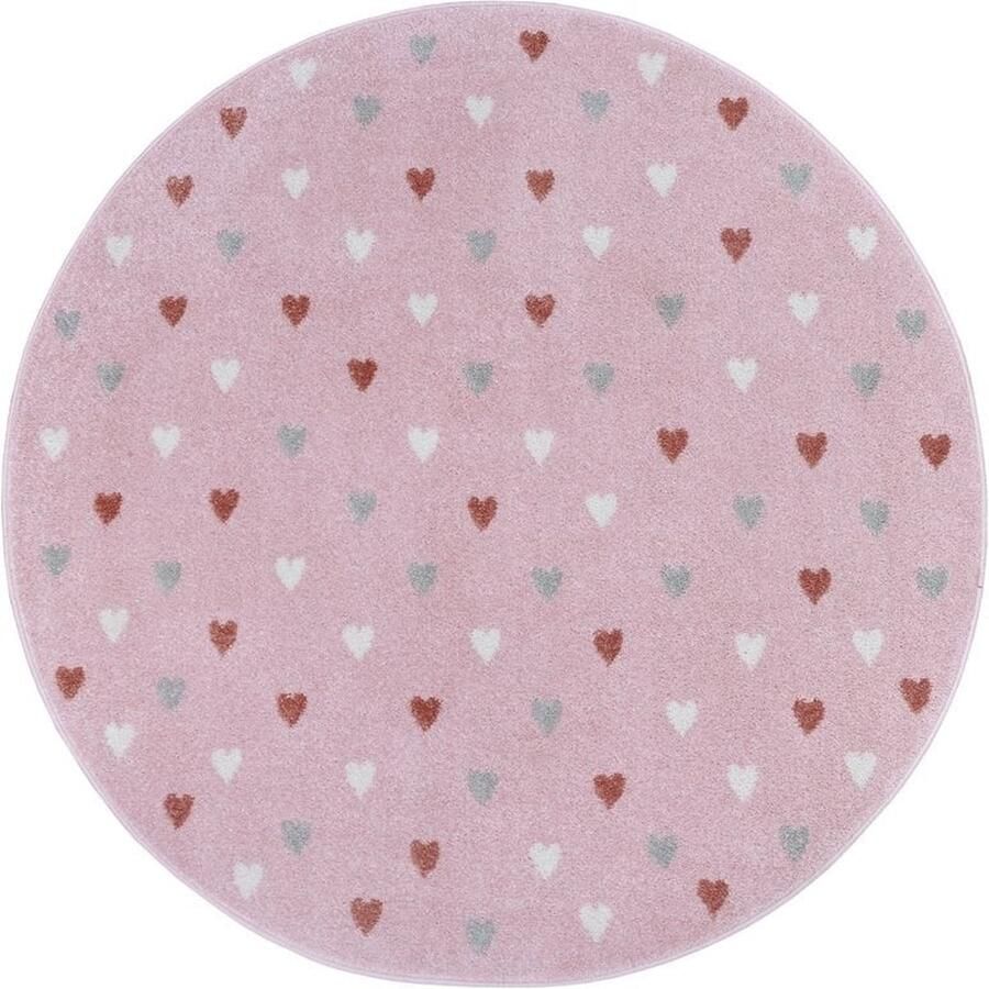 Flycarpets Adventures Kinderkleed Rond vloerkleed Harten Roze 100x100 cm