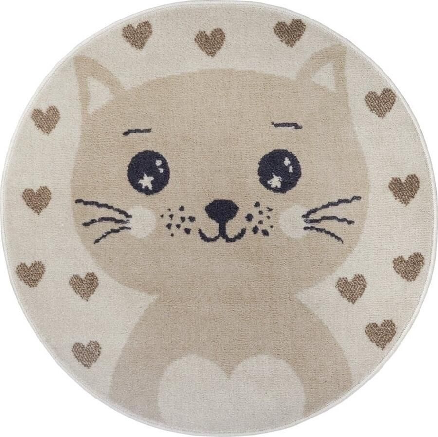 Flycarpets Adventures Kinderkleed Rond vloerkleed -Kat Crème Beige 140x140 cm