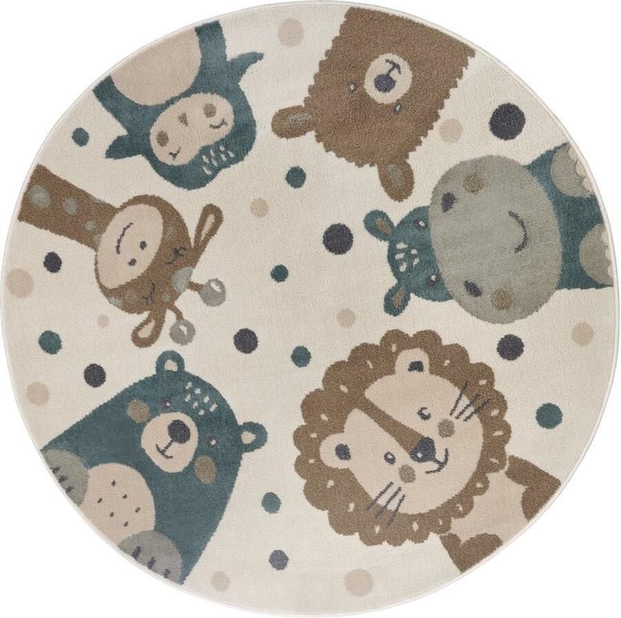 Flycarpets Adventures Rond Kindervloerkleed Beige Bruin Blauw 140 cm Dieren Laagpolig Vloerkleed Kinderkamer