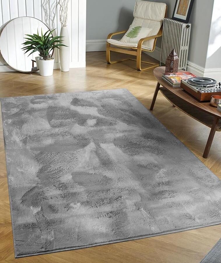 Flycarpets Amalfi vloerkleed Antraciet Laagpolig wasbaar Fluffy en Zacht 80x150 cm