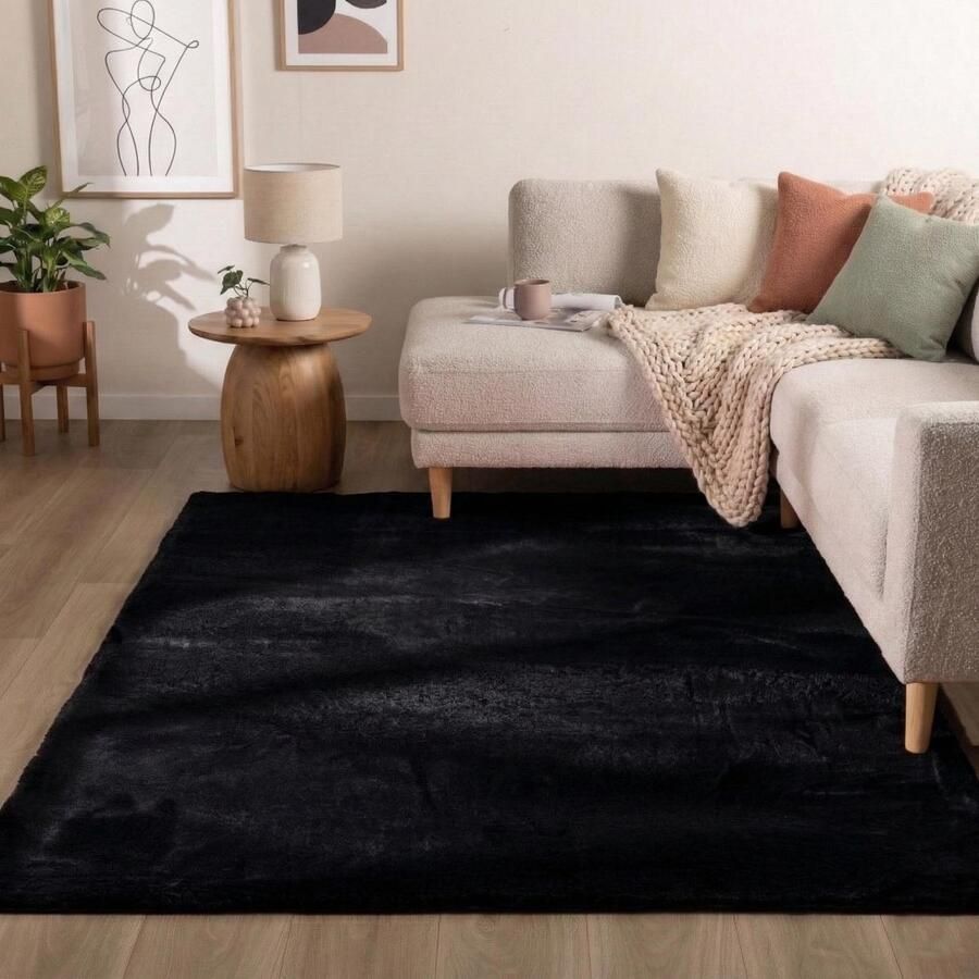 Flycarpets Amalfi vloerkleed Zwart Laagpolig wasbaar Fluffy en Zacht Woonkamer tapijt 200x290 cm - Foto 2