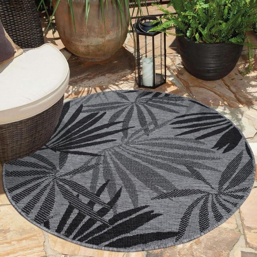 Flycarpets Binnen & Buitenkleed Omkeerbaar Palm Rond Rio Indoor & Outdoor Grijs 160x160 cm