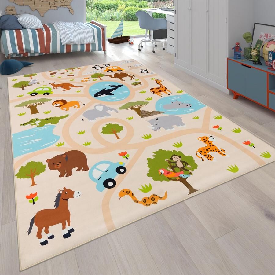 Flycarpets Binola Kindervloerkleed Beige Kleurrijk 100x200 cm Speelkleed Speelmat Auto Dieren Laagpolig Vloerkleed Kinderkamer