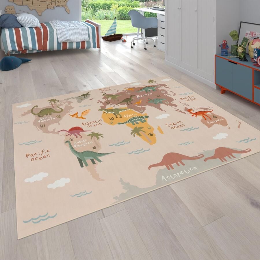 Flycarpets Binola Kindervloerkleed Beige Kleurrijk 140x200 cm Wereldkaart Dinosaurus Speelkleed Speelmat Laagpolig Vloerkleed Kinderkamer