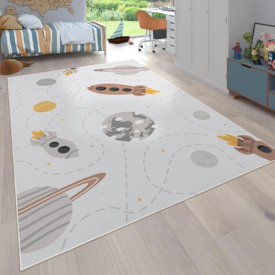 Flycarpets Binola Kindervloerkleed Crème Kleurrijk 100x200 cm Ruimte Raket Speelkleed Speelmat Laagpolig Vloerkleed Kinderkamer