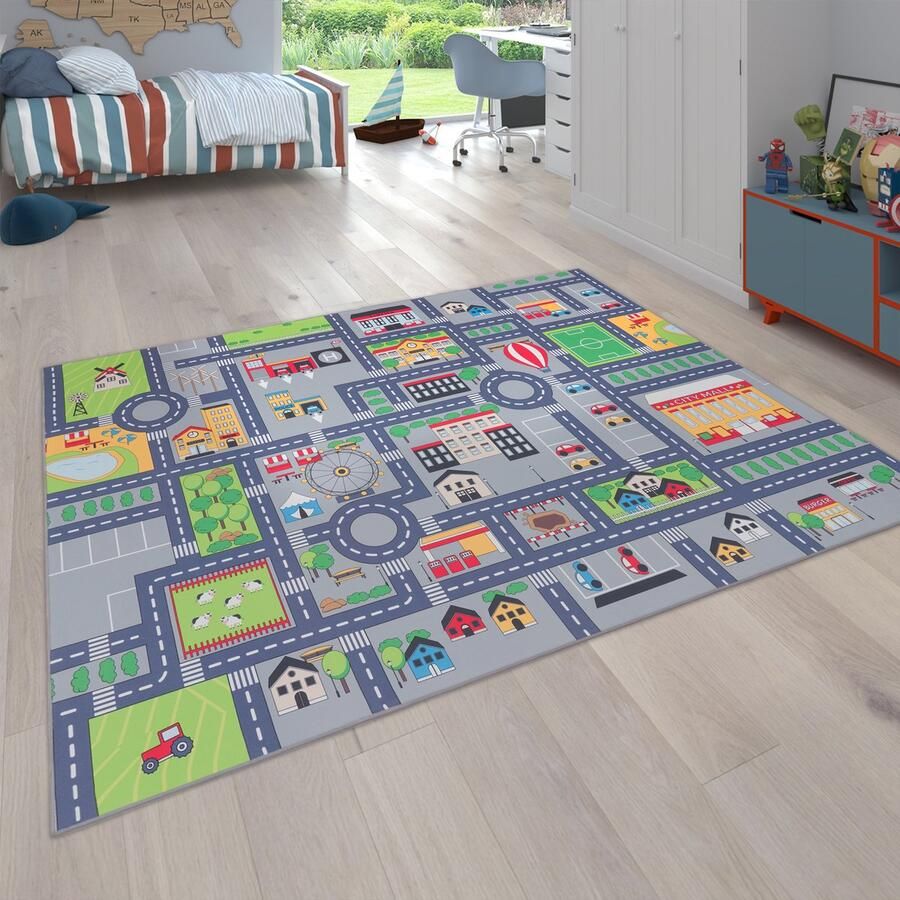 Flycarpets Binola Kindervloerkleed Grijs Kleurrijk 100x200 cm Auto Speelkleed Speelmat Stad Laagpolig Vloerkleed Kinderkamer