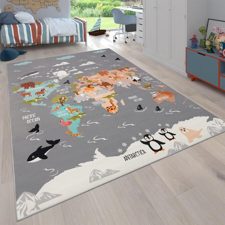 Flycarpets Binola Kindervloerkleed Grijs Kleurrijk 200x290 cm Wereldkaart Dieren Speelkleed Speelmat Laagpolig Vloerkleed Kinderkamer