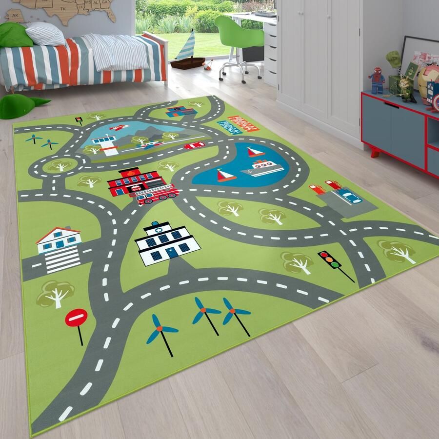 Flycarpets Binola Kindervloerkleed Groen Kleurrijk 80x150 cm Speelkleed Speelmat Auto Laagpolig Vloerkleed Kinderkamer