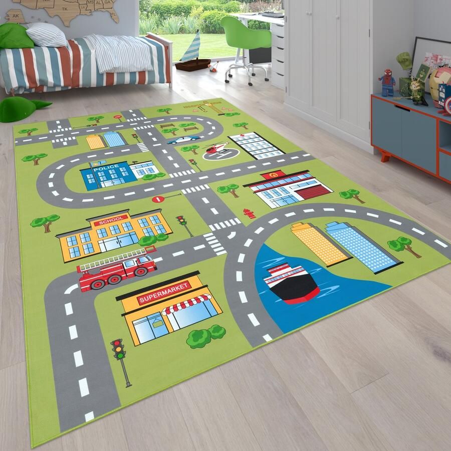 Flycarpets Binola Kindervloerkleed Groen Kleurrijk 80x150 cm Speelkleed Speelmat Auto Laagpolig Vloerkleed Kinderkamer - Foto 2