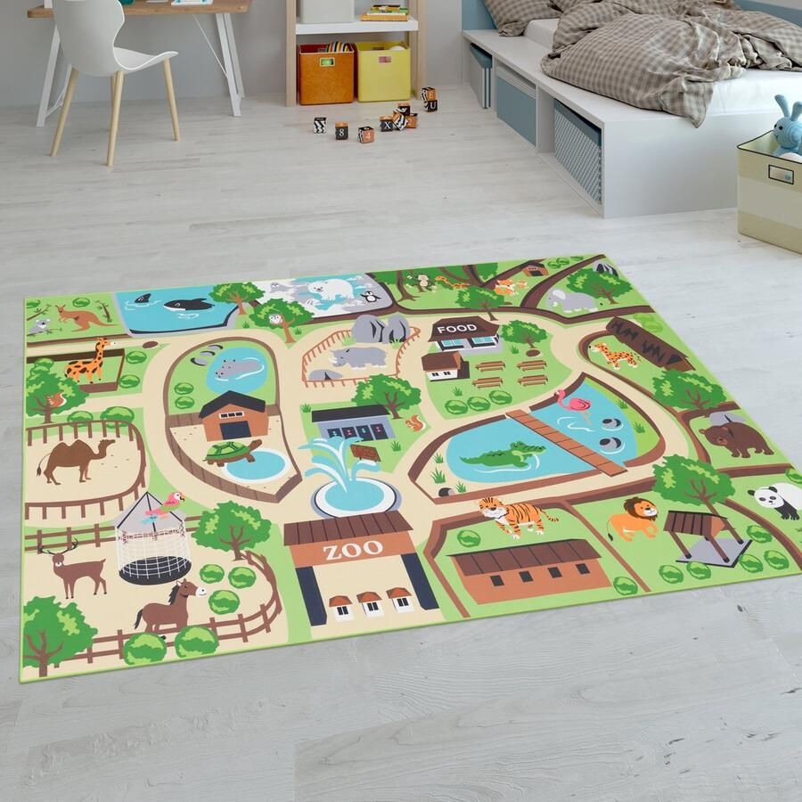 Flycarpets Binola Kindervloerkleed Groen Kleurrijk 120x160 cm Speelkleed Speelmat Dierentuin Laagpolig Vloerkleed Kinderkamer