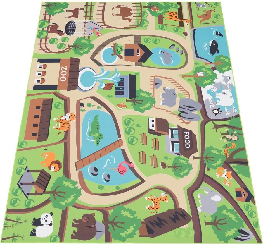 Flycarpets Binola Kindervloerkleed Groen Kleurrijk 160x220 cm Speelkleed Speelmat Dierentuin Laagpolig Vloerkleed Kinderkamer