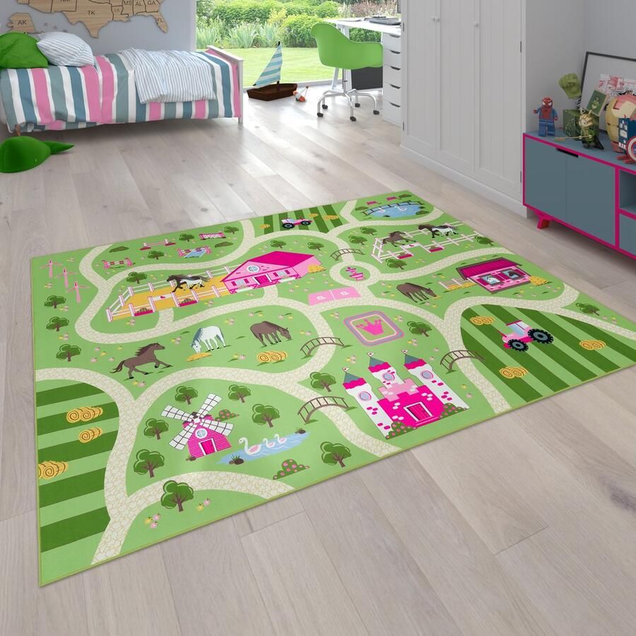 Flycarpets Binola Kindervloerkleed Groen Roze 120x160 cm Speelkleed Speelmat Auto Laagpolig Vloerkleed Kinderkamer