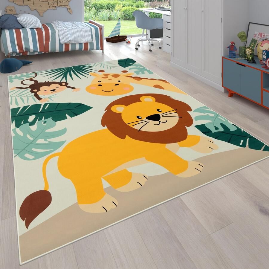 Flycarpets Binola Kindervloerkleed Kleurrijk 160x220 cm Speelkleed Speelmat Dieren Leeuw Giraffe Aap Vloerkleed Kinderkamer