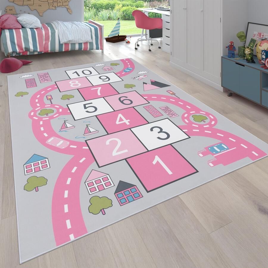 Flycarpets Binola Kindervloerkleed Roze Grijs 120x160 cm Hinkelspel Speelkleed Speelmat Auto Laagpolig Vloerkleed Kinderkamer