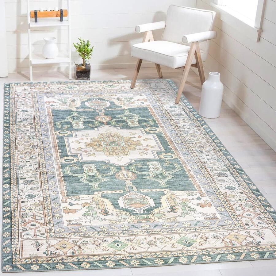 Flycarpets Burano Vintage Oosters Vloerkleed Groen Beige Laagpolig Tapijt 240x340 cm