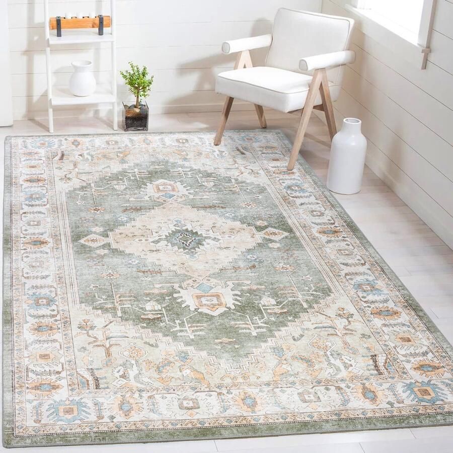 Flycarpets Burano Vintage Vloerkleed Groen Terra Laagpolig Tapijt Loper 80x150 cm
