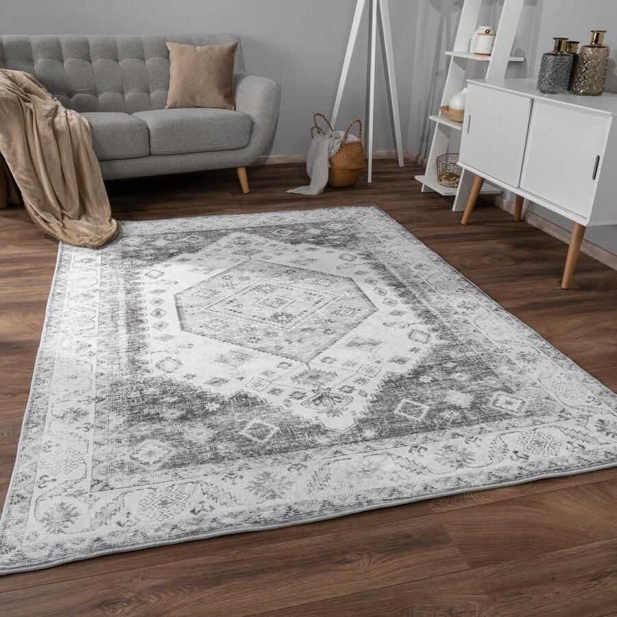 Flycarpets Cameris Vintage Vloerkleed Grijs 160x220 cm Wasbaar Tapijt Laagpolig