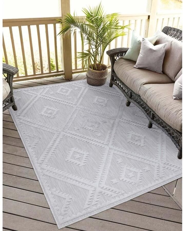 Flycarpets Caprenia Buitenkleed Geruit Indoor & Outdoor Vloerkleed Zilver 200x200 cm