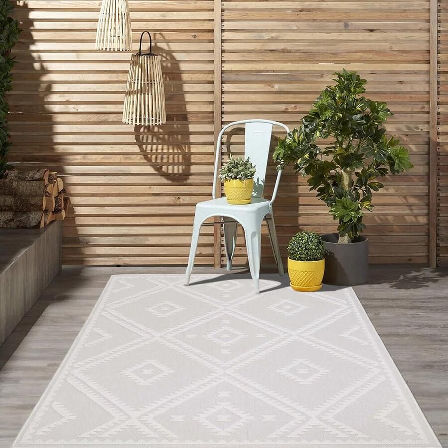 Flycarpets Caprenia Creme Buitenkleed Vloerkleed Buiten Laagpolig Tuinkleed Tuintapijt Buitentapijt 120x170 cm