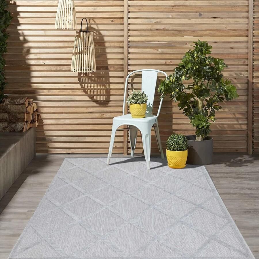 Flycarpets Caprenia Zilver Lichtgrijs Buitenkleed Vierkant Vloerkleed Buiten Laagpolig Tuinkleed Tuintapijt Buitentapijt 150x150 cm