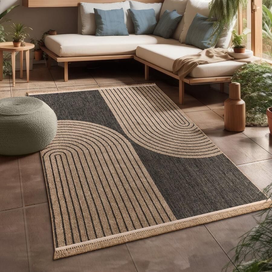 Flycarpets Colinna Jute Binnen en Buitenkleed Antraciet Beige 80x150 cm Japandi Laagpolig Vloerkleed Buiten Tuinkleed Tuintapijt