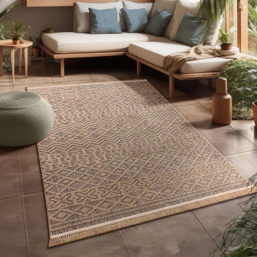 Flycarpets Colinna Jute Binnen en Buitenkleed Bruin Beige 120x160 cm Laagpolig Vloerkleed Buiten Tuinkleed Tuintapijt