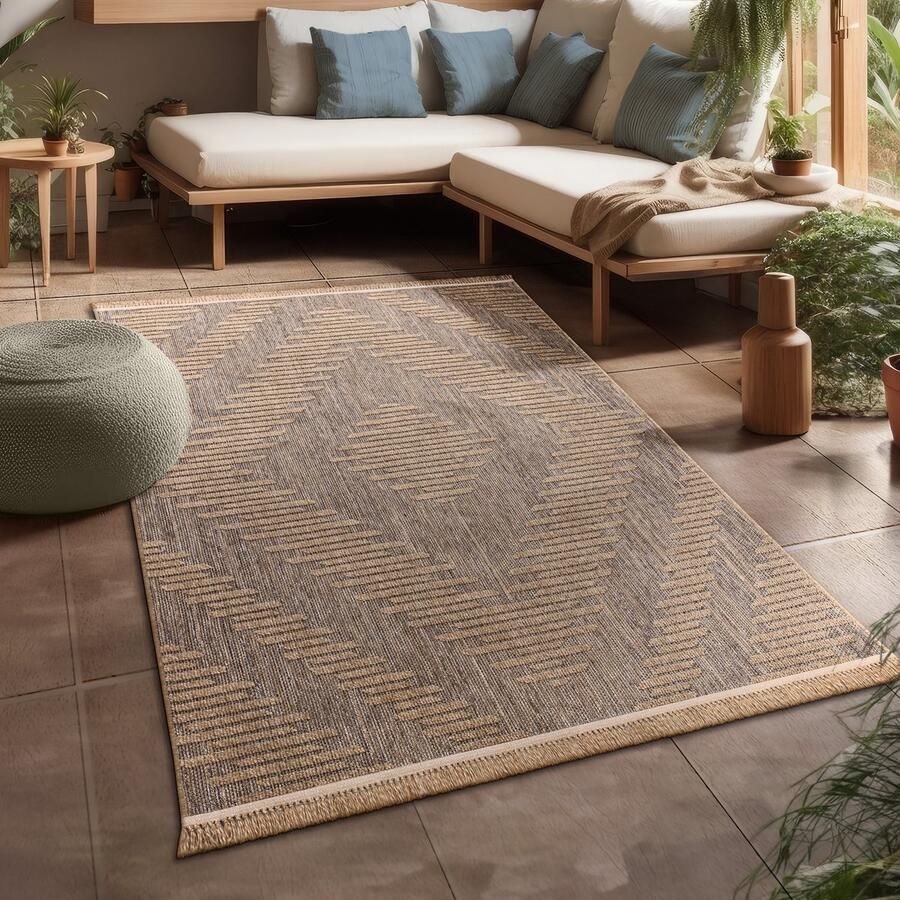 Flycarpets Colinna Jute Binnen en Buitenkleed Bruin Beige 240x340 cm Laagpolig Vloerkleed Buiten Tuinkleed Tuintapijt