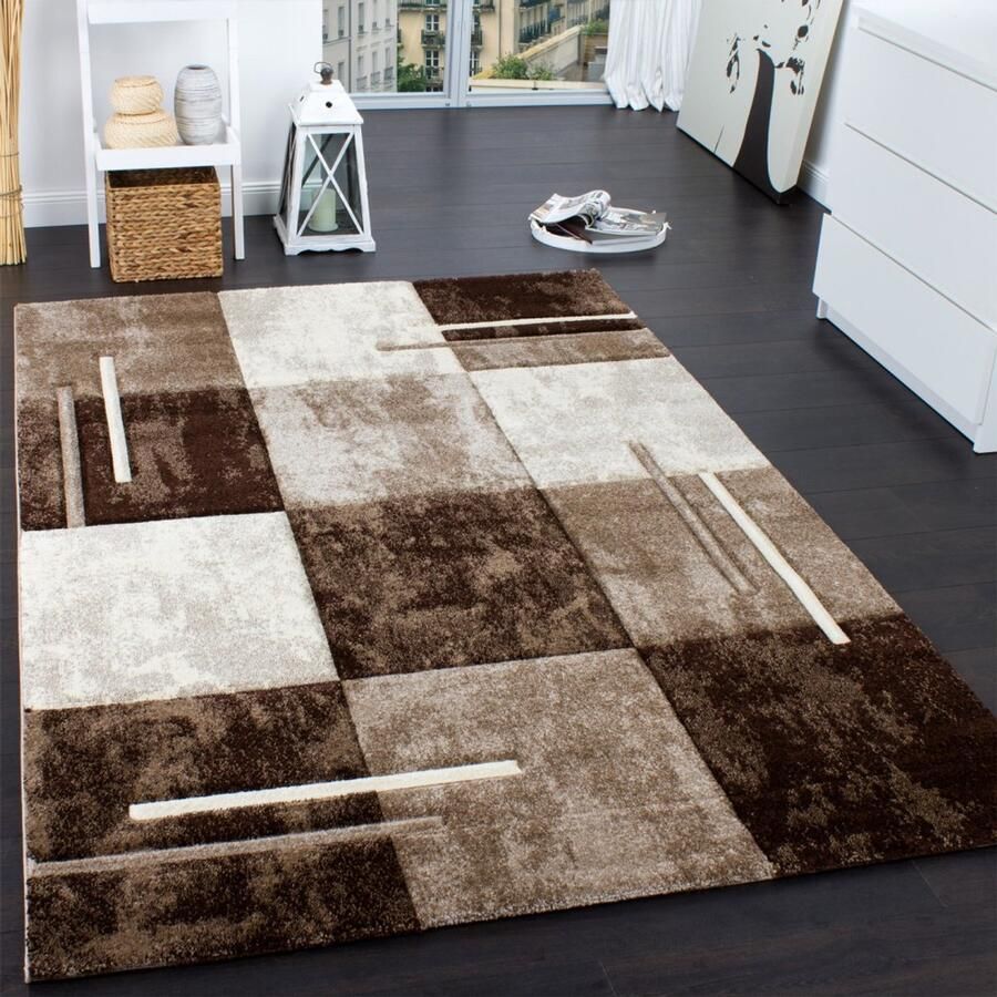 Flycarpets Diamesa Laagpolig Vloerkleed Bruin Beige 240x330 cm Geblokt Motief Tapijt Woonkamer