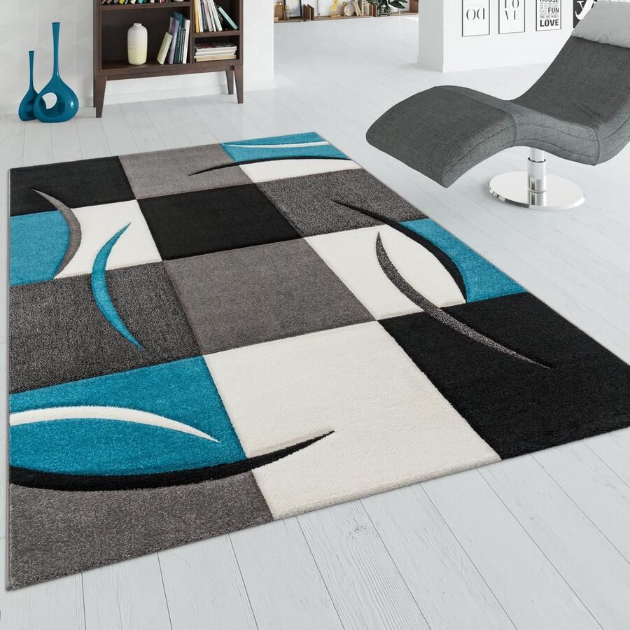 Flycarpets Diamesa Modern Vloerkleed Turquoise Grijs Wit 120x170 cm Laagpolig Tapijt Woonkamer