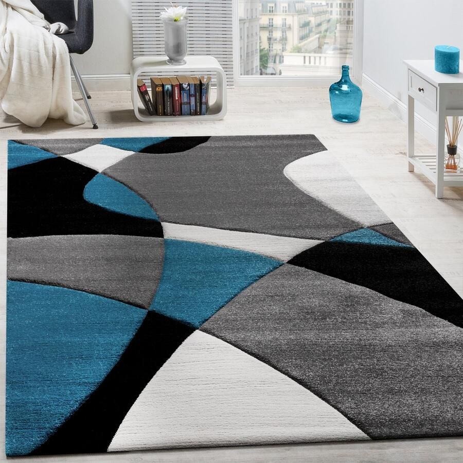 Flycarpets Diamesa Modern Vloerkleed Grijs Blauw Zwart 80x150 cm Laagpolig Tapijt Loper
