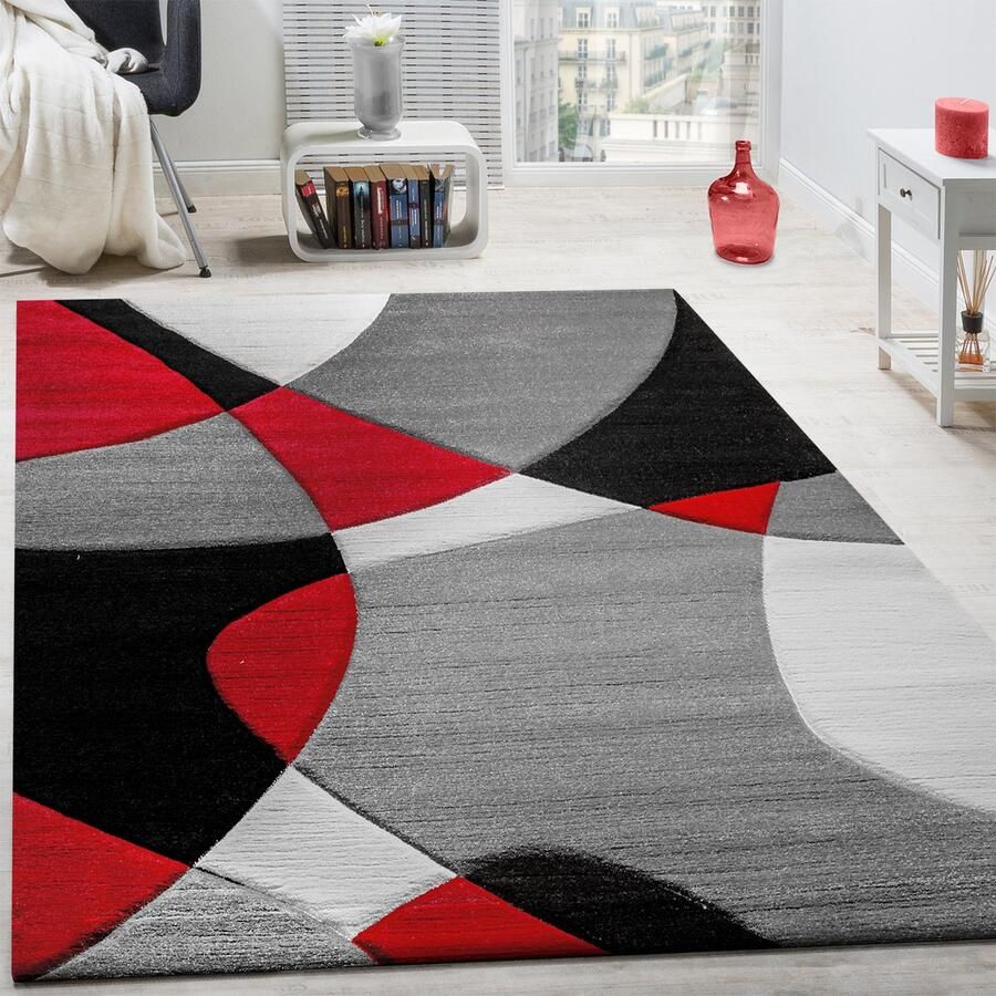 Flycarpets Diamesa Modern Vloerkleed Grijs Rood Zwart 240x330 cm Laagpolig Tapijt Woonkamer