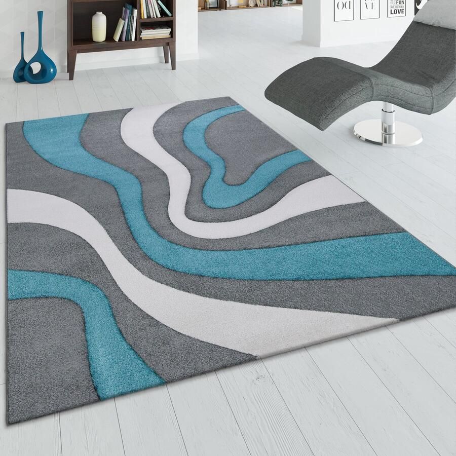 Flycarpets Diamesa Modern Vloerkleed Turquoise Grijs Wit 160x230 cm Laagpolig Tapijt Woonkamer