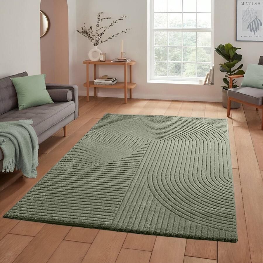 Flycarpets Eliora Vloerkleed Modern Japandi Groen Laagpolig Tapijt Woonkamer 120x170 cm