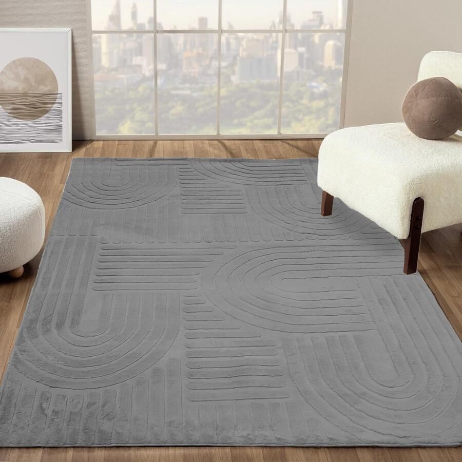 Flycarpets Eve Japandi Vloerkleed Grijs Laagpolig Tapijt Woonkamer Zacht en Fluffy 230x330 cm