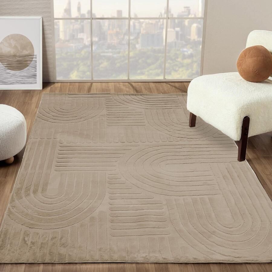 Flycarpets Eve Japandi Vloerkleed Taupe Laagpolig Tapijt Woonkamer Zacht en Fluffy 120x170 cm