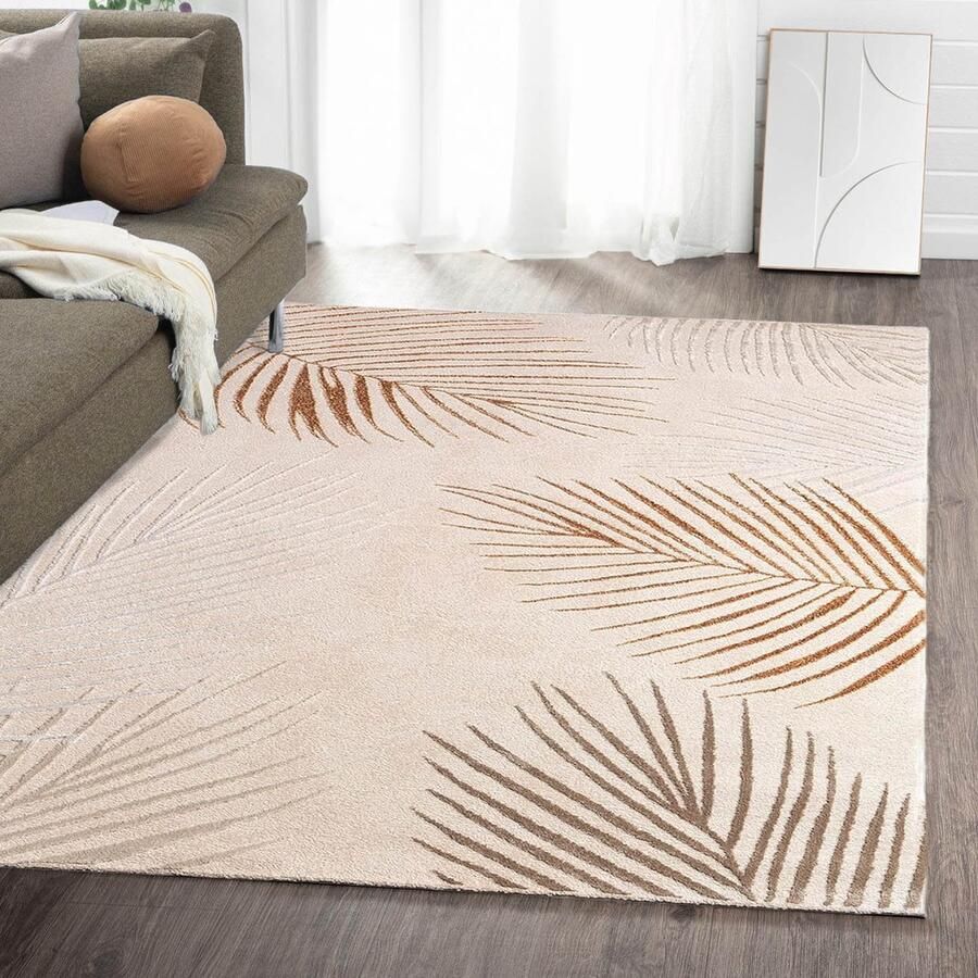 Flycarpets Evora Leaves Modern Vloerkleed Beige Crème Terra – Laagpolig Tapijt Woonkamer – 80x300 cm
