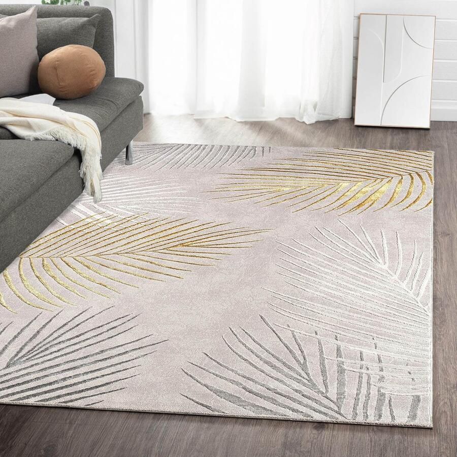Flycarpets Evora Leaves Modern Vloerkleed Grijs Goud – Laagpolig Tapijt Woonkamer – 160x230 cm