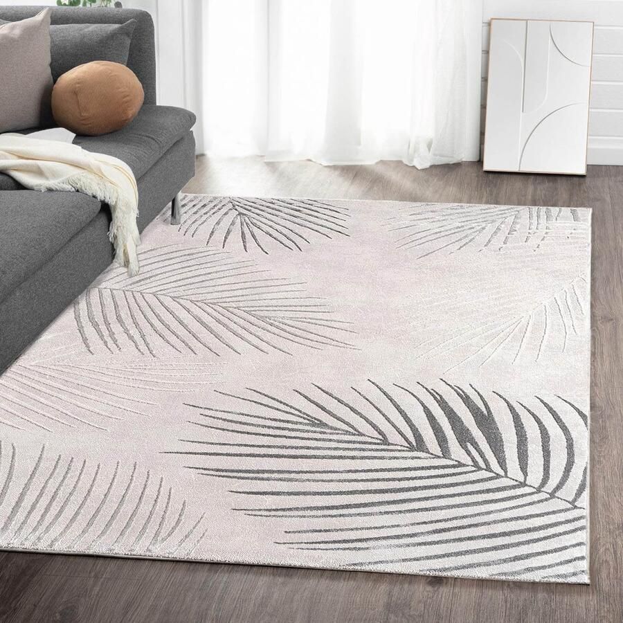 Flycarpets Evora Leaves Modern Vloerkleed Grijs – Laagpolig Tapijt Woonkamer – 80x300 cm