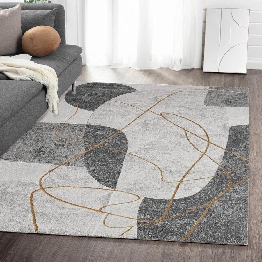 Flycarpets Evora Modern Vloerkleed Grijs Goud – Laagpolig Japandi Tapijt Woonkamer – 160x230 cm